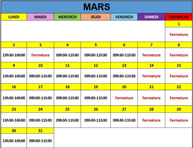 Calendrier et horaires d’accueil du mois Mars 2026