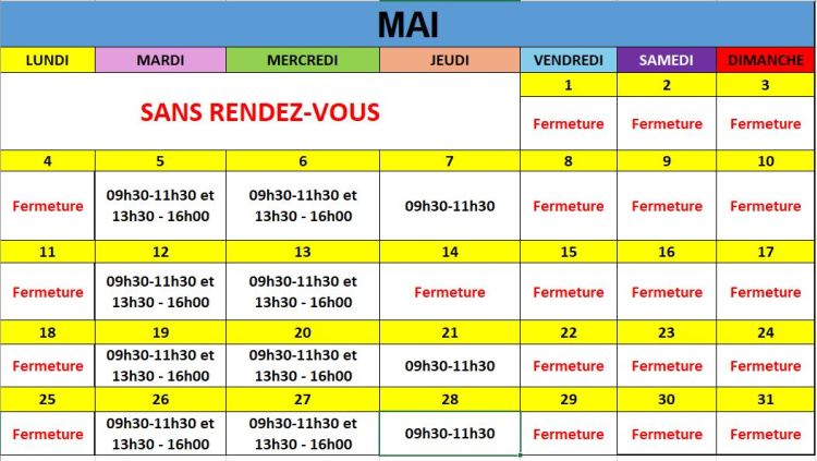 Calendrier et horaires d’accueil du mois Mai 2026